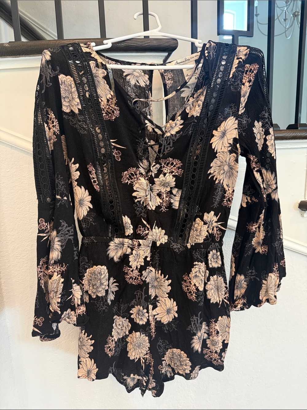 American Rag Black Romper with Cream & Blush Floral Print, Medium
